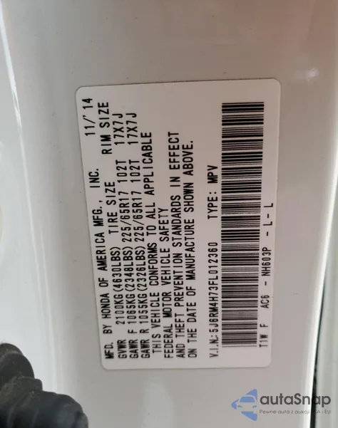 2015 Honda Cr-V Exl из США, поврежденный, VIN 5J6RM4H73FL012360